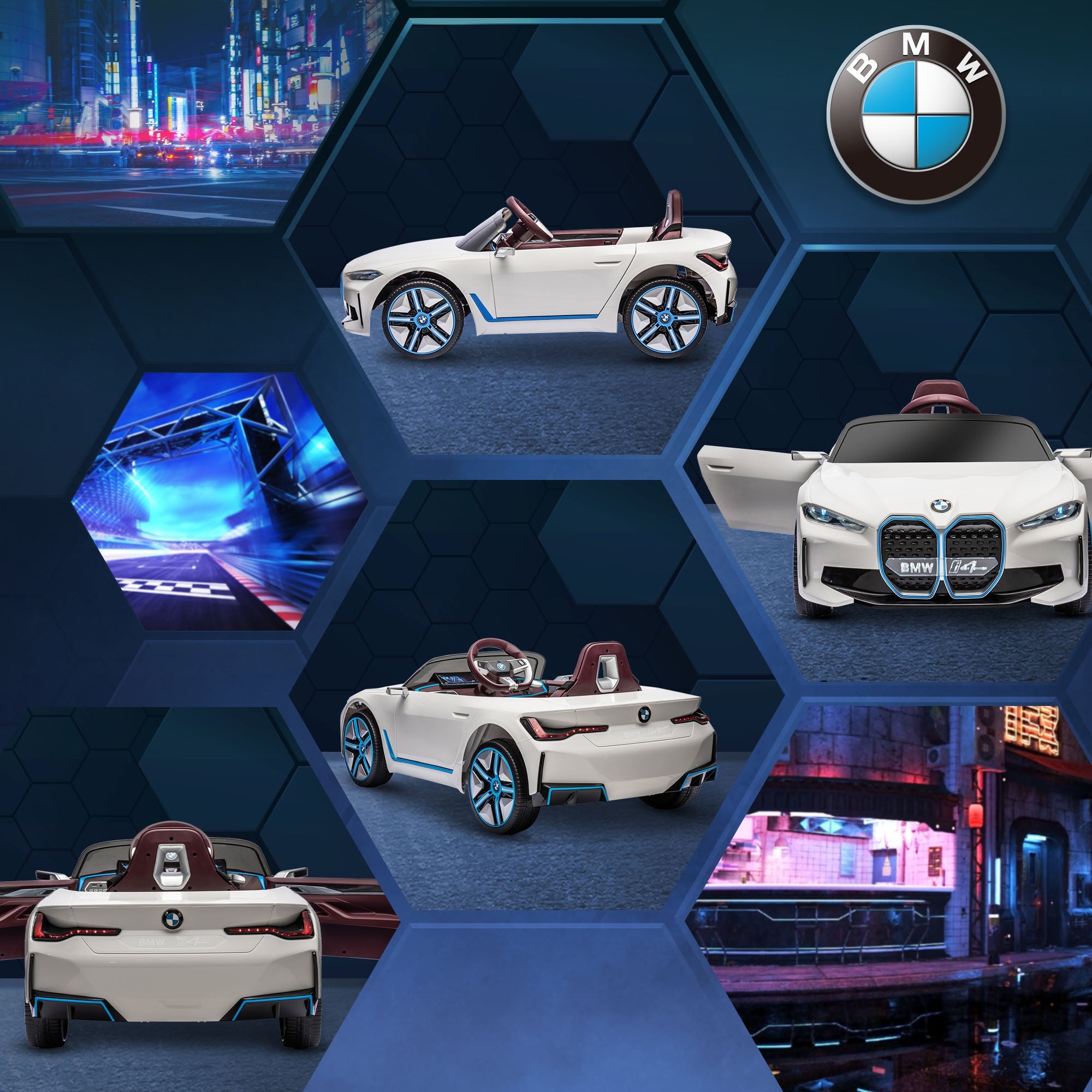 HOMCOM BMW i4 Licensed 12V Kids Electric Ride-On Car, White, Red and Light Blue